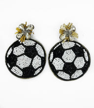 Load image into Gallery viewer, Soccer Ball Beaded Statement Earrings, game day, handmade earrings, tailgate fashion, high school sports, MLS