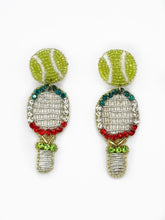Load image into Gallery viewer, Tennis Racket Beaded and Crystal Statement Earrings, sports, USTA, handmade earrings, racket, country club style