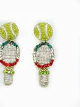 Load image into Gallery viewer, Tennis Racket Beaded and Crystal Statement Earrings, sports, USTA, handmade earrings, racket, country club style
