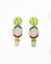 Load image into Gallery viewer, Tennis Racket Beaded and Crystal Statement Earrings, sports, USTA, handmade earrings, racket, country club style