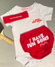 Load image into Gallery viewer, Cotton Onsie, Bloomers and Headband Set Baby and Toddler "I HAVE FUN BUNS" Unisex Cotton