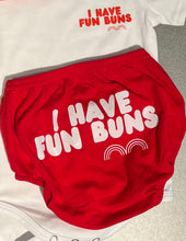 Load image into Gallery viewer, Cotton Onsie, Bloomers and Headband Set Baby and Toddler "I HAVE FUN BUNS" Unisex Cotton