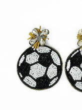 Load image into Gallery viewer, Soccer Ball Beaded Statement Earrings, game day, handmade earrings, tailgate fashion, high school sports, MLS
