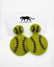 Load image into Gallery viewer, Softball Beaded Statement Earrings, sports, tailgate fashion, game day, handmade earrings

