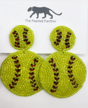 Load image into Gallery viewer, Softball Beaded Statement Earrings, sports, tailgate fashion, game day, handmade earrings
