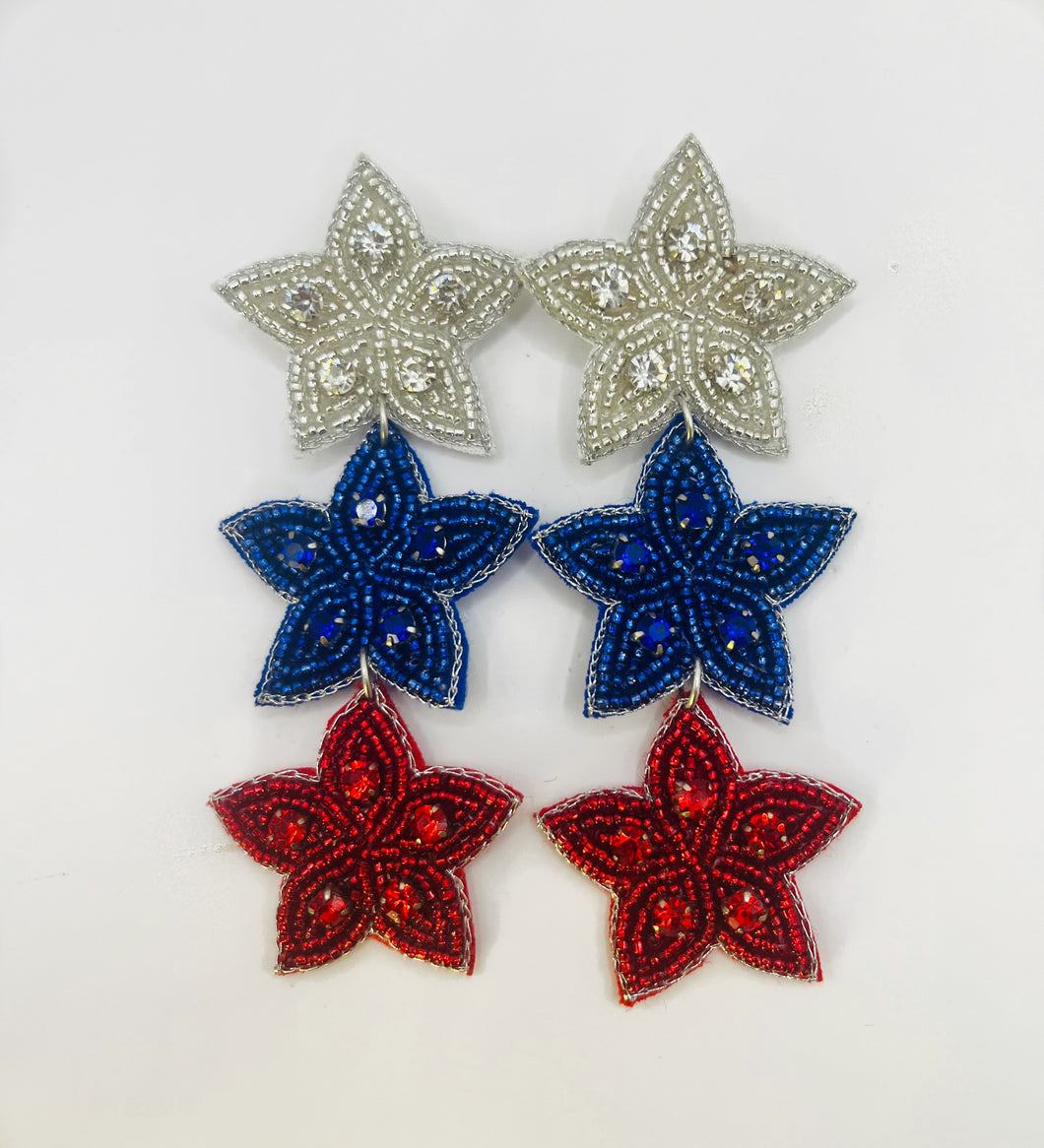 Red White and Blue Star Beaded Statement Earrings