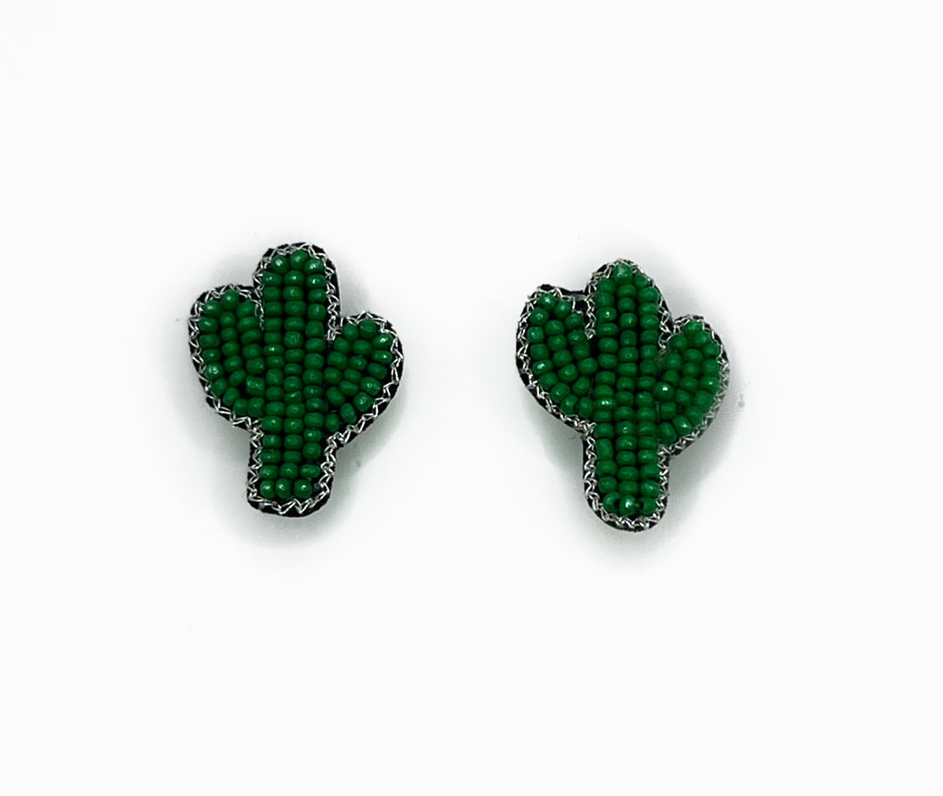 Green Cactus Beaded Stud Statement Earrings, handmade earrings, western style