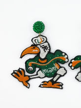 Load image into Gallery viewer, University of Miami, Hurricanes, Sabastian, Ibis, Beaded Statement Earrings, College Football, Tailgate Fashion, Game Day, handmade earrings
