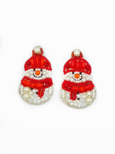 Load image into Gallery viewer, Snowman White and Red Beaded Statement Earrings, winter, snow, handmade earrings, christmas
