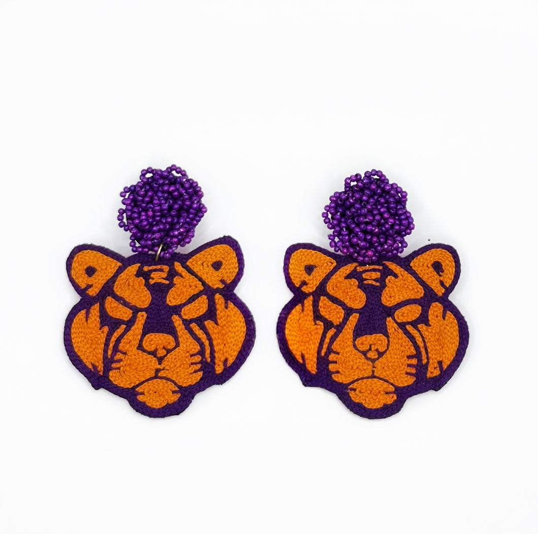 Clemson Tigers Beaded Statement Earrings, handmade earrings, Orange and Purple, game day, tailgate fashion, SEC, football