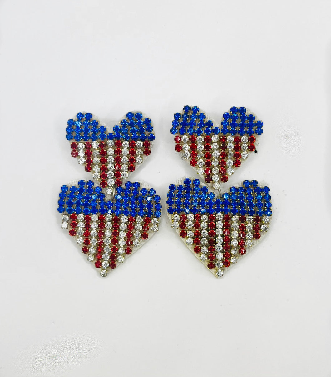 Red, White and Blue Double Heart Rhinestone Statement Earrings, 4th of July