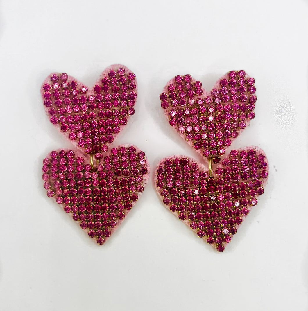Pink Rhinestone Double Heart Earrings