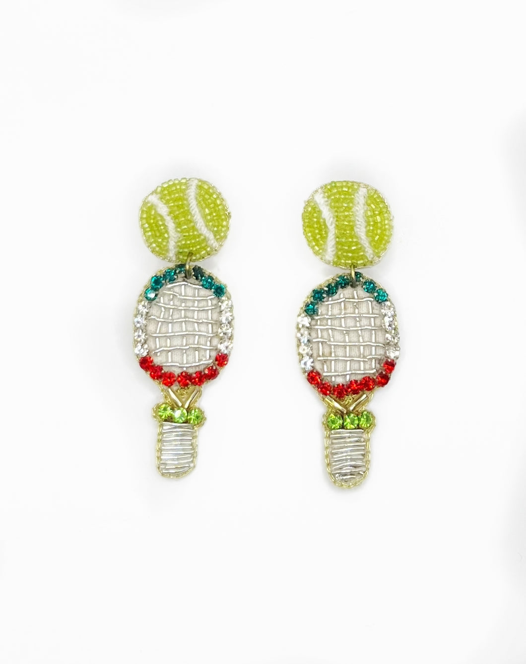 Tennis Racket Beaded and Crystal Statement Earrings, sports, USTA, handmade earrings, racket, country club style