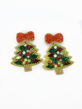 Load image into Gallery viewer, Christmas Tree Statement Earrings Jewels, Red Bows, Sparkle
