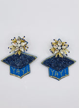Load image into Gallery viewer, Graduation Cap Earrings  Blue and Gold Beaded “Yay!”/ blue and gold/ college/ high school/ Spring
