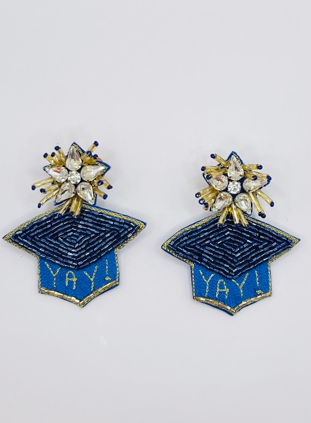 Graduation Cap Earrings  Blue and Gold Beaded “Yay!”/ blue and gold/ college/ high school/ Spring