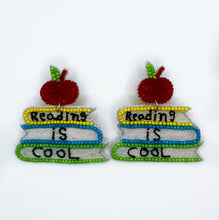 Load image into Gallery viewer, Stack of Books, Reading is Cool, Beaded Statement Earrings/ teacher appreciation/ back to school/ apples
