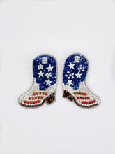 Load image into Gallery viewer, Red, White and Blue Cowgirl Boot Beaded Statement Earrings/ USA/ patriotic/ Western Style/ Yellowstone/ Fourth of July
