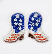 Load image into Gallery viewer, Red, White and Blue Cowgirl Boot Beaded Statement Earrings/ USA/ patriotic/ Western Style/ Yellowstone/ Fourth of July
