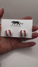 Load and play video in Gallery viewer, Baseball Beaded Stud Statement Earrings, game day, handmade earrings, tailgate fashion, high school sports, mlb
