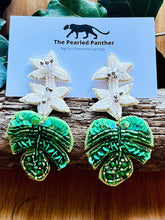 Load image into Gallery viewer, Floral White Flower and Green Monstera Leaf Beaded Statement Earrings/ plants/ flowers/ nature

