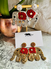 Load image into Gallery viewer, Elephant Beaded Statement Earrings/ animals/ safari/ zoo/ gold/ silver/ game day/ tailgate fashion
