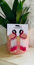 Load image into Gallery viewer, Pink Flamingo “She’s Got Legs” Beaded Statement Earrings/ birds/ animals/ holiday/ tropical/ cruise/ vacation
