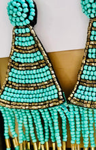 Load image into Gallery viewer, Boho Teal Tassel and Beaded Statement Earrings/ Western Style/ Yellowstone/ Turquoise
