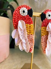 Load image into Gallery viewer, Pink Parrot Beaded Statement Earrings/ birds/ animals/ tropical/ holiday/ rain forest
