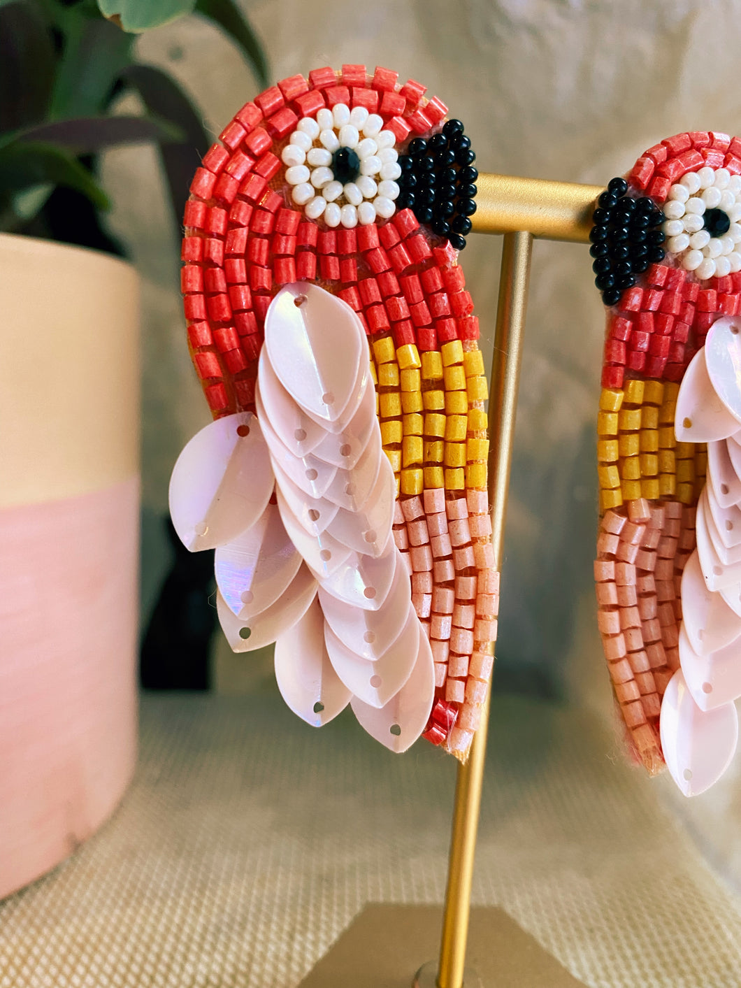 Pink Parrot Beaded Statement Earrings/ birds/ animals/ tropical/ holiday/ rain forest