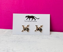Load image into Gallery viewer, Do You Work Out? Enamel Spin Bike and Kettle Bell Stud Earrings
