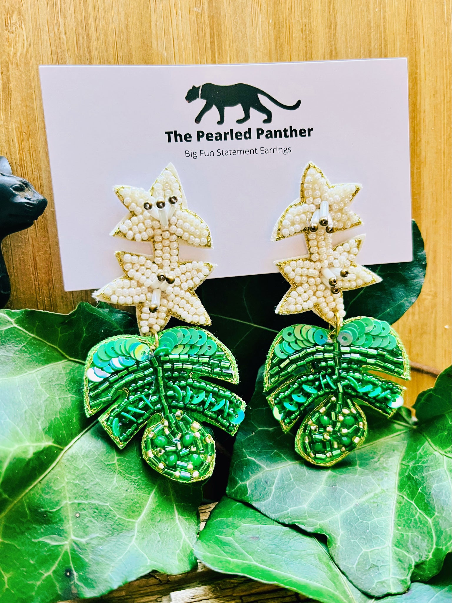 beaded monstera earrings Floral White Flower and Green Monstera Leaf Beaded Statement Earrings/ plants/ flowers/ nature