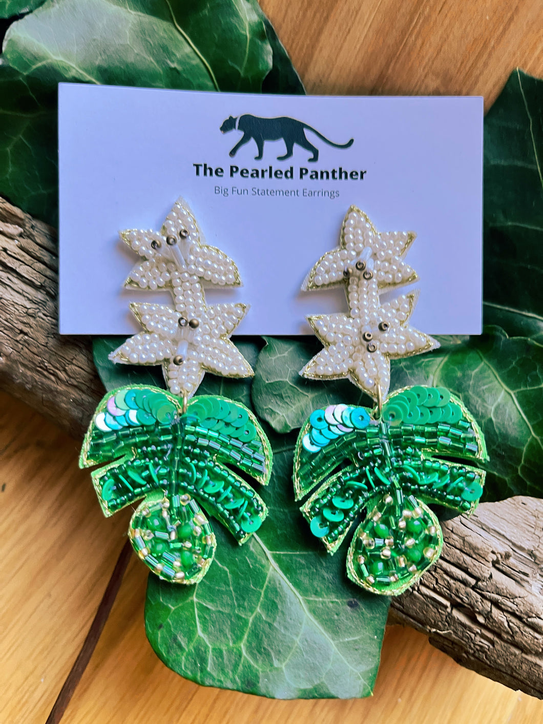 Floral White Flower and Green Monstera Leaf Beaded Statement Earrings/ plants/ flowers/ nature
