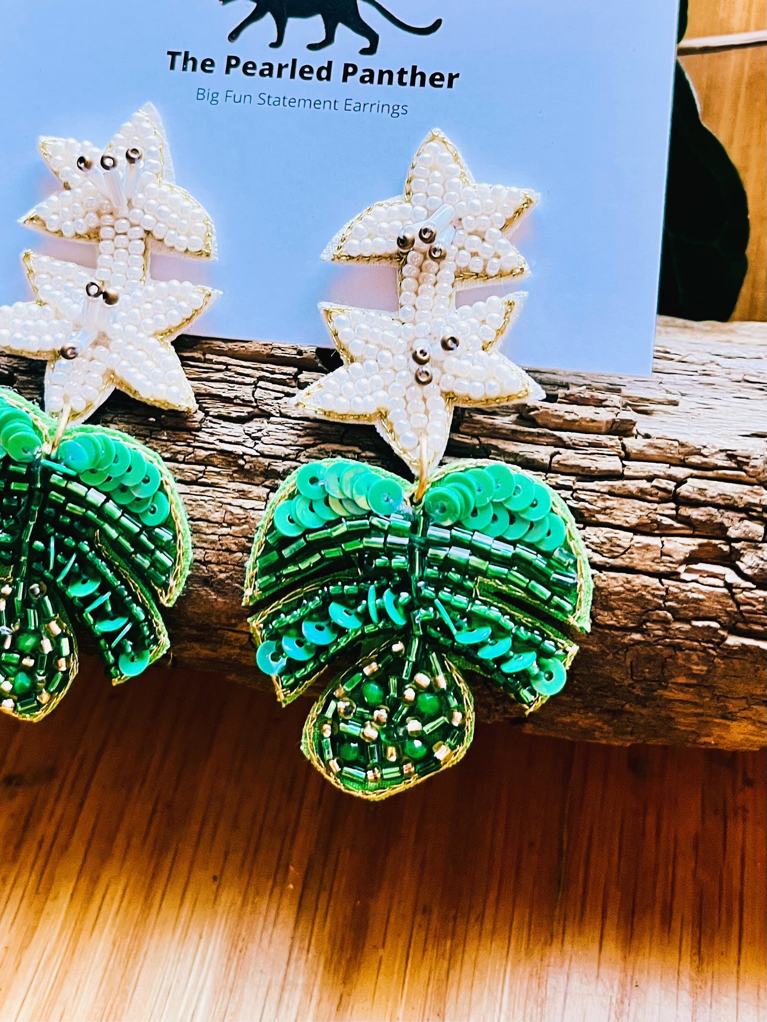 beaded monstera earrings Floral White Flower and Green Monstera Leaf Beaded Statement Earrings/ plants/ flowers/ nature