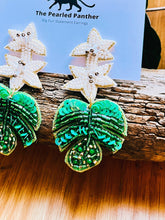 Load image into Gallery viewer, Floral White Flower and Green Monstera Leaf Beaded Statement Earrings/ plants/ flowers/ nature
