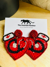 Load image into Gallery viewer, Heart Red Beaded Statement Earrings/ love/ valentines day/ doctors/ nurses/ hospital/ red
