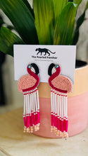 Load image into Gallery viewer, Pink Flamingo “She’s Got Legs” Beaded Statement Earrings/ birds/ animals/ holiday/ tropical/ cruise/ vacation
