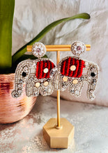 Load image into Gallery viewer, Elephant Beaded Statement Earrings/ animals/ safari/ zoo/ gold/ silver/ game day/ tailgate fashion
