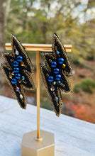 Load image into Gallery viewer, Lightning Bolt Blue Beaded Statement Earrings/ weather/ superhero
