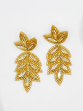 Load image into Gallery viewer, Palm Leaf Gold Cascading Beaded Statement Earrings/ beach/ floral/ plants/ ocean
