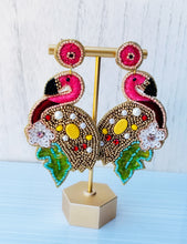 Load image into Gallery viewer, Pink Flamingo with Green Leaf Beaded Statement Earrings/ birds/ tropical/ holiday/ cruise/ summer/ animals
