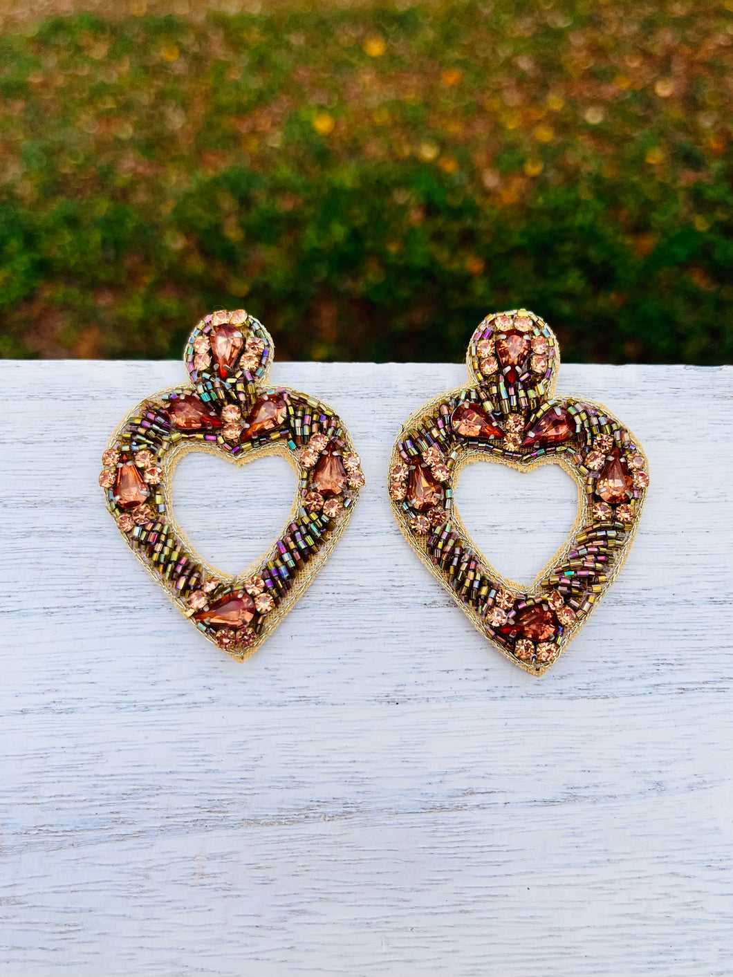 Rose Gold Heart Beaded Statement Earrings/ valentines day/ love/ friendship/ handmade