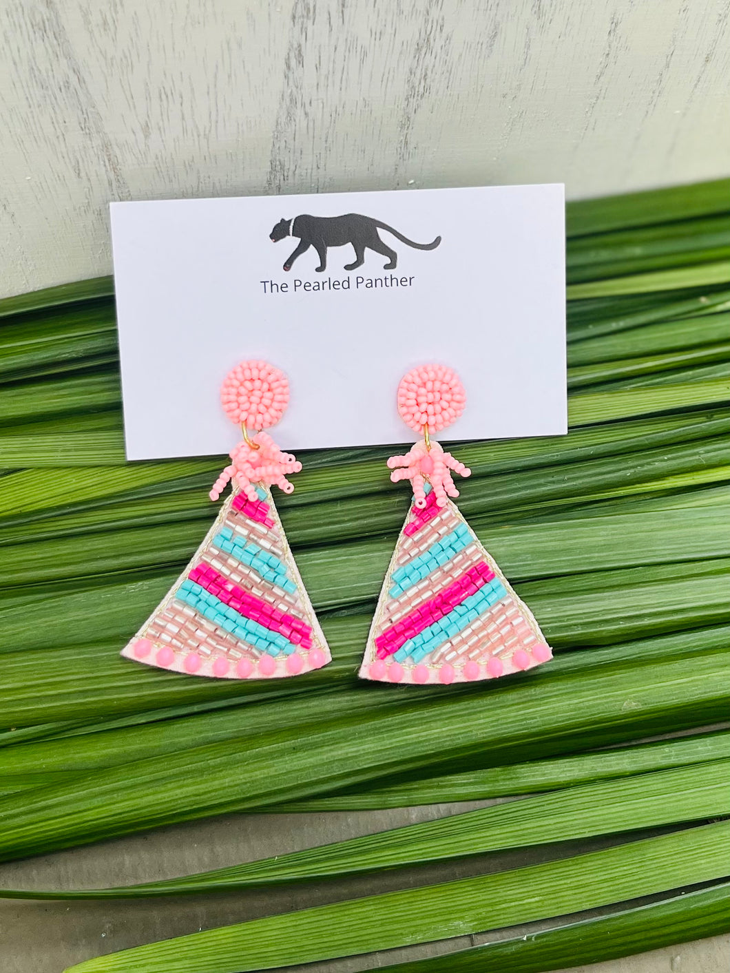Birthday Hat Pink and Blue Beaded Statement Earrings
