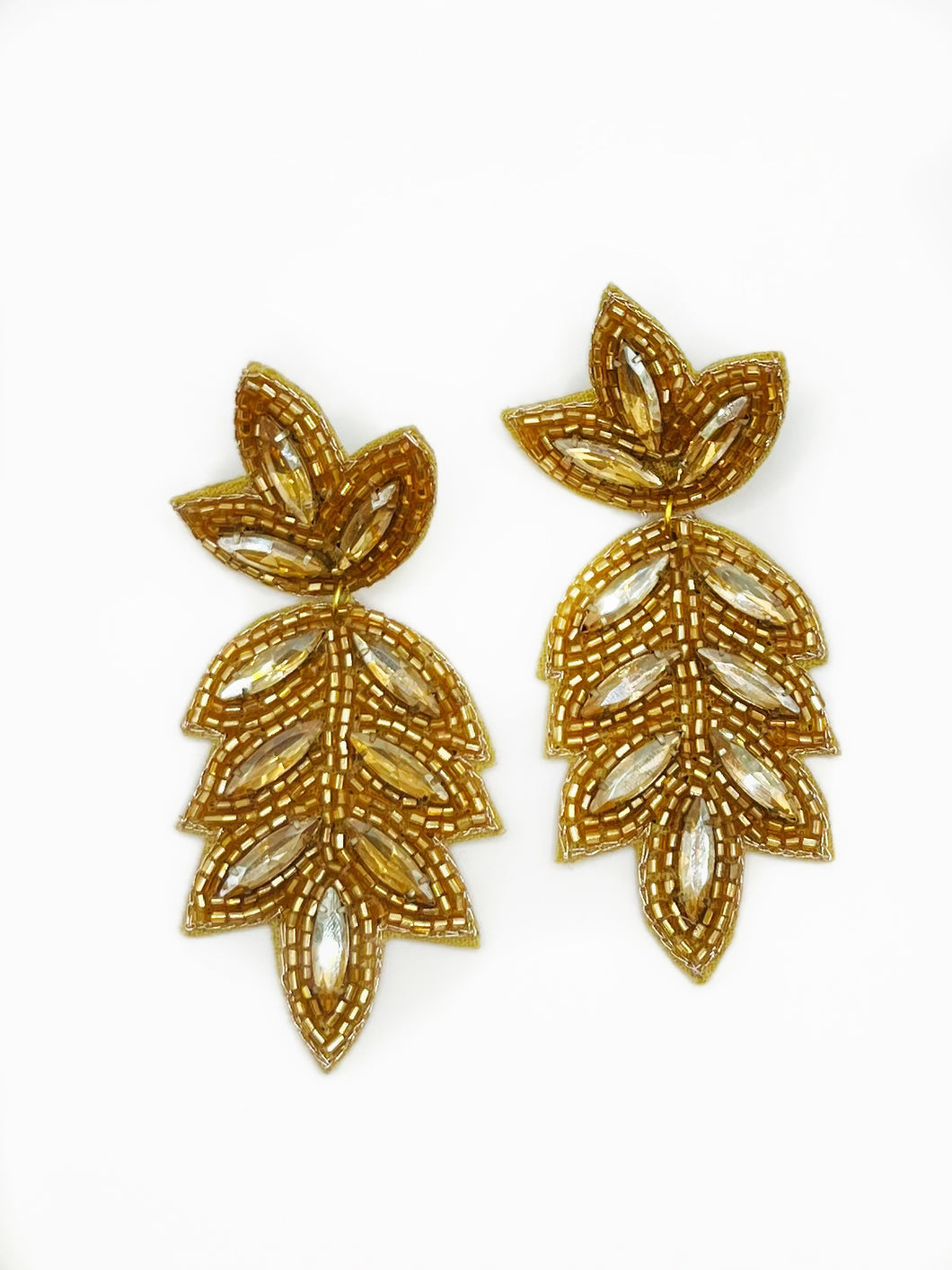 Palm Leaf Gold Cascading Beaded Statement Earrings/ beach/ floral/ plants/ ocean
