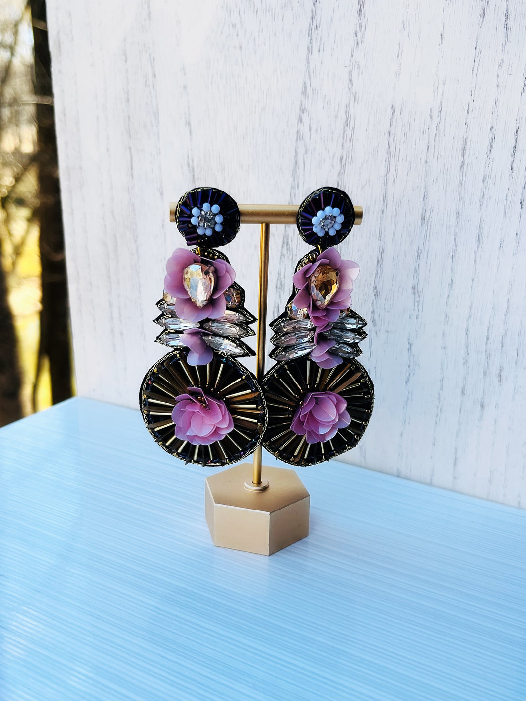 Floral Purple and Pink Beaded Statement Earrings/ flowers