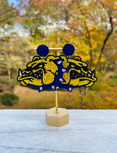 Load image into Gallery viewer, Bulldog Statement Earrings Beaded Blue and Gold/ Tailgate Fashion/ Game Day
