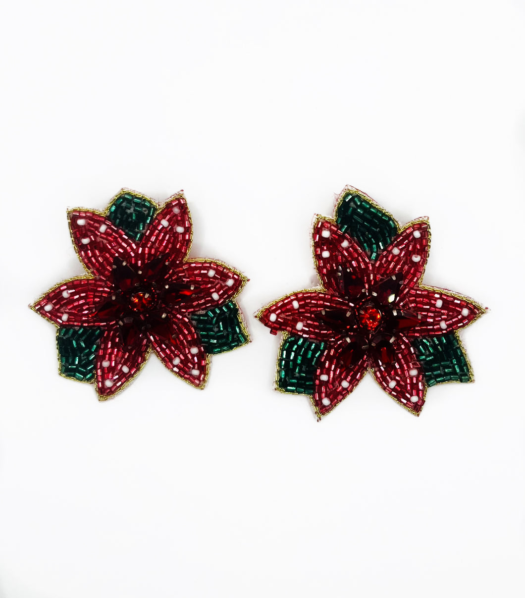Poinsettia Flower Red Beaded Statement Earrings/ Christmas/ Holiday/ Winter/ Floral/ Flowers