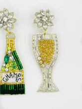 Load image into Gallery viewer, Champagne Glass and Bottle Gold and Green Beaded Statement Earrings &quot;Champs&quot;/ alcohol/ new years eve/ celebrate/ party
