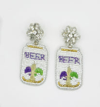 Load image into Gallery viewer, Mardi Gras Beer Can Beaded Statement Earrings/ new Orleans/ Louisiana/ Jazz Fest/ LSU
