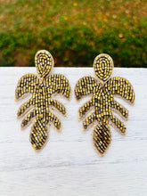 Load image into Gallery viewer, Palm Leaf Gold Beaded Statement Earrings/ tropical/ plants/ floral/ ocean/ beach
